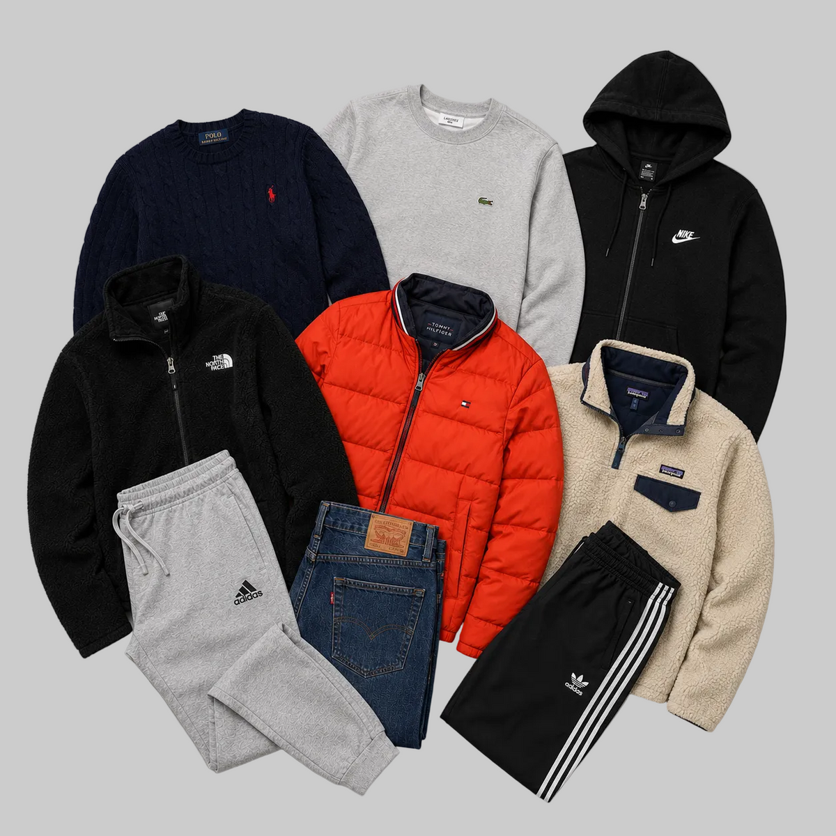 Mix de vêtements d'hiver de marque au kilo, doudounes et sweats - grossiste pour revendeur Vinted